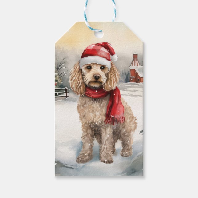 Cockapoo Hund i Snö-julen Presentetikett (Framsidan)
