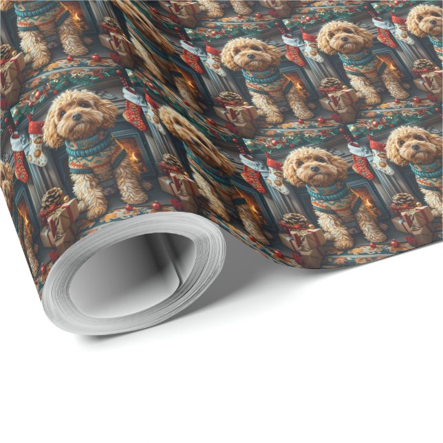 Cockapoo-hund med julklappar Kaminen Presentpapper (Rulle Hörn)