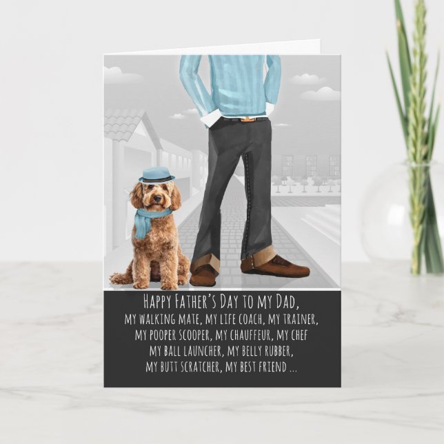 Cockapoo-hund och pappa för fars dag helgkort (Framsida)