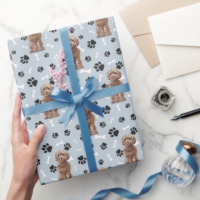 Cockapoo Hund Paw Skriv ut Mönster på Silver Blue Presentpapper (Gifting)