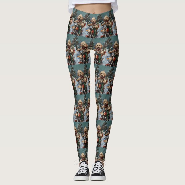 Cockapoo Hund Ridande Motorcykel Jul Leggings (Framsida)