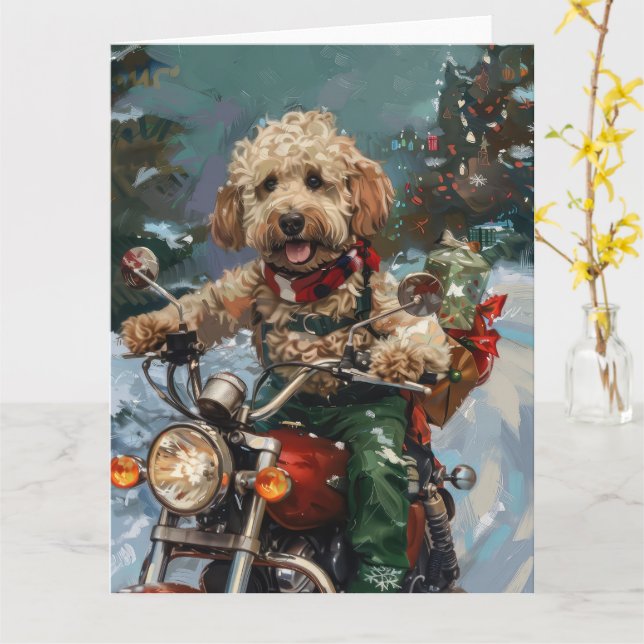 Cockapoo Hund Riding Motorcykel jul Kort (Gul blomma)