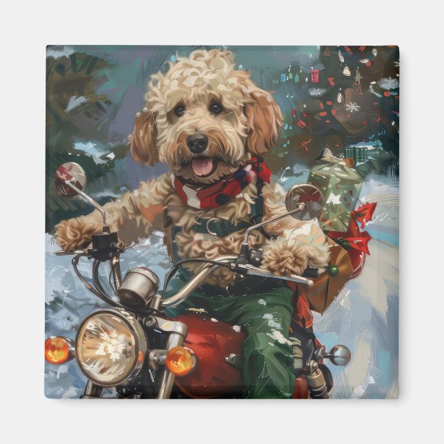 Cockapoo Hund Riding Motorcykel jul Magnet (Framsidan)