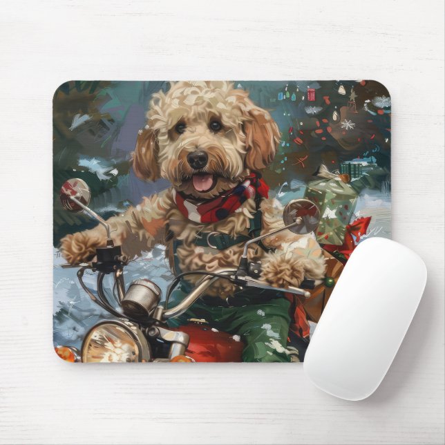 Cockapoo Hund Riding Motorcykel jul Musmatta (Med mus)