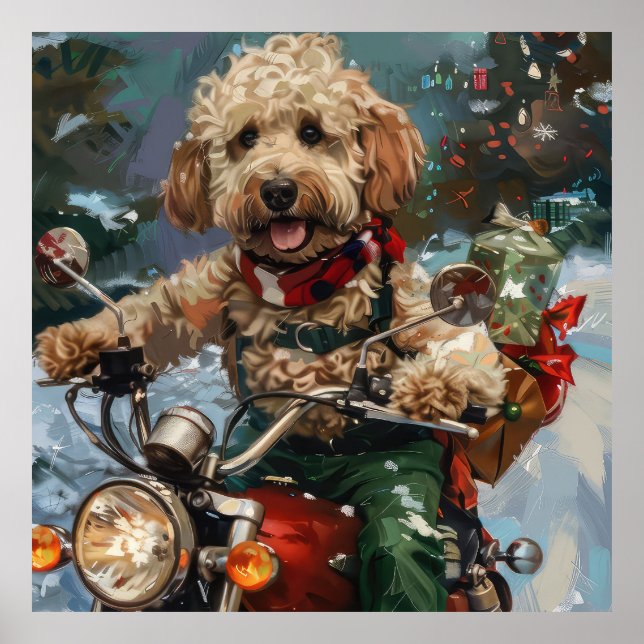 Cockapoo Hund Riding Motorcykel jul Poster (Framsidan)