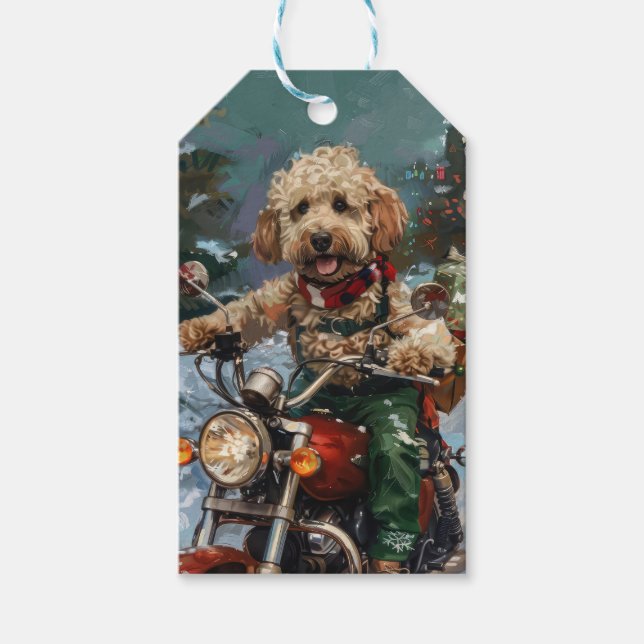 Cockapoo Hund Riding Motorcykel jul Presentetikett (Framsidan)
