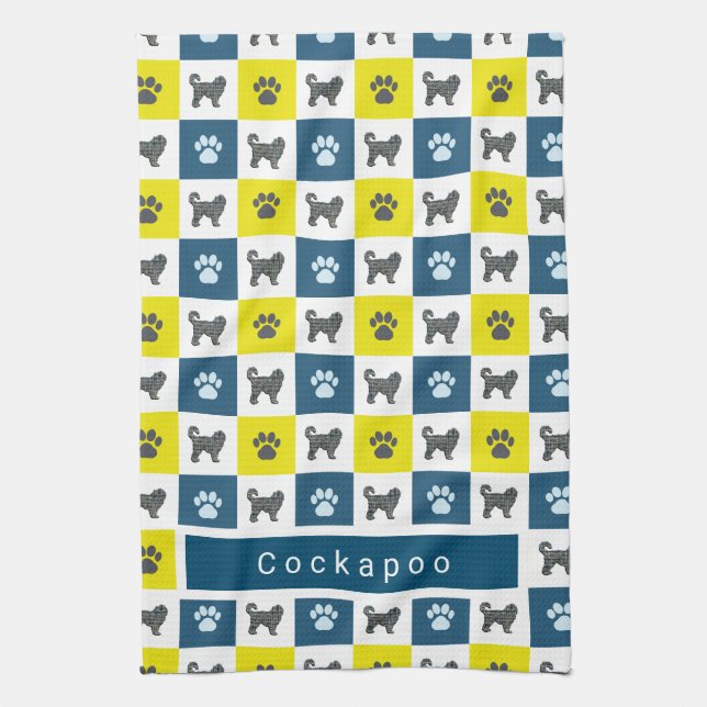 Cockapoo Hund & Tass Gult & Blue Grid Kökshandduk (Vertikal)