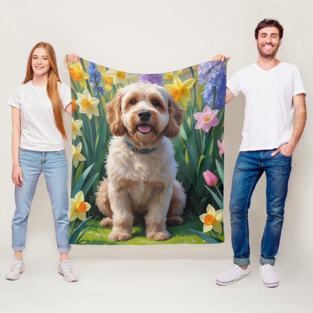 Cockapoo Hund Vår blommor Painting Fleecefilt (På plats)
