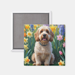 Cockapoo Hund Vårblommor Målning Magnet