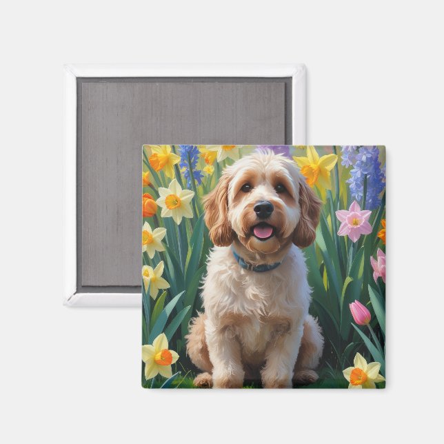 Cockapoo Hund Vårblommor Målning Magnet (Front/Back)