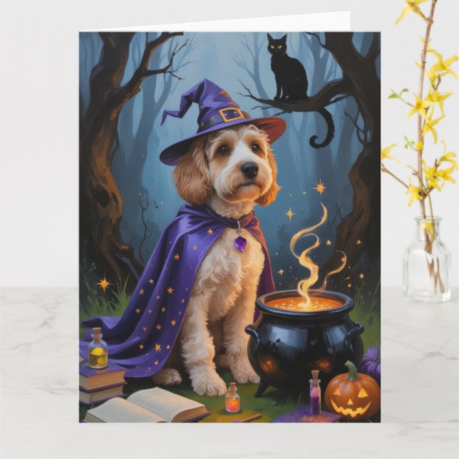 Cockapoo Hund Whimsical Halloween-målning Kort (Gul blomma)