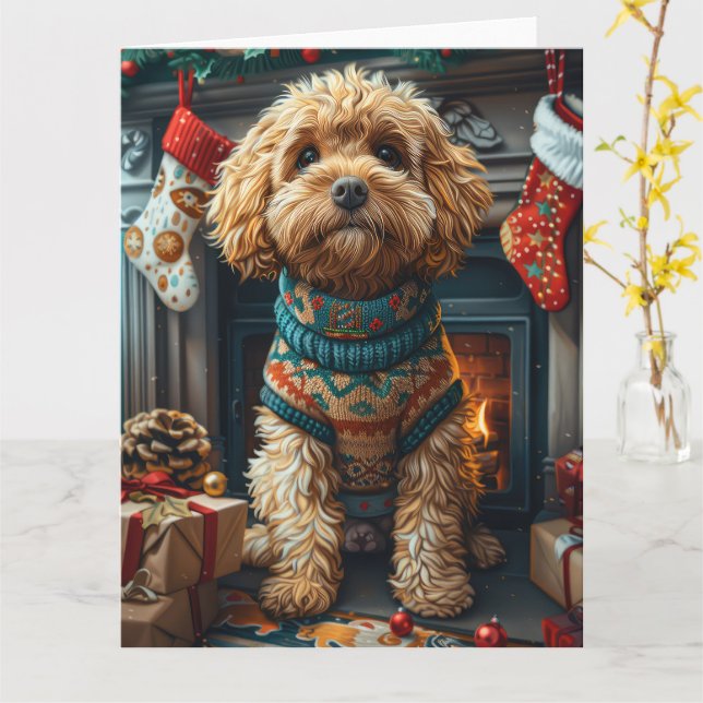 Cockapoo Hund with jul Gifts Fireplace Kort (Gul blomma)
