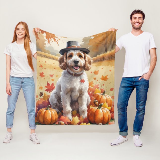 Cockapoo i höstlöv Thanksgiving konst Fleecefilt (På plats)
