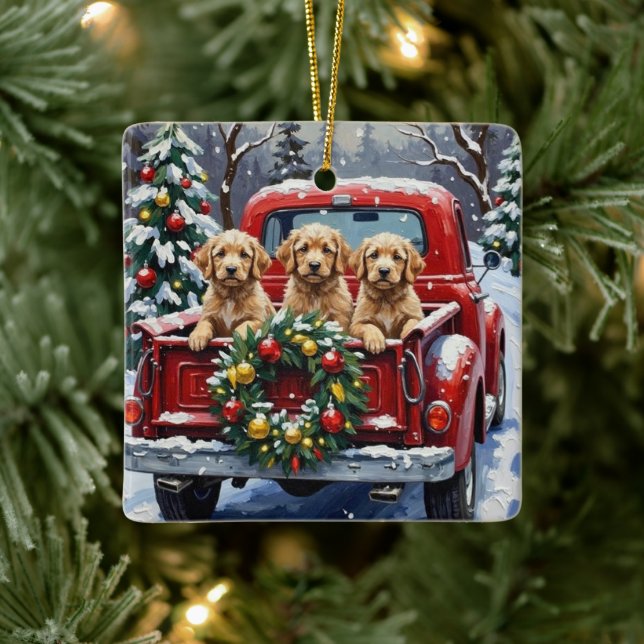 Cockapoo jul röd lastbil högtid julgransprydnad keramik (Träd)