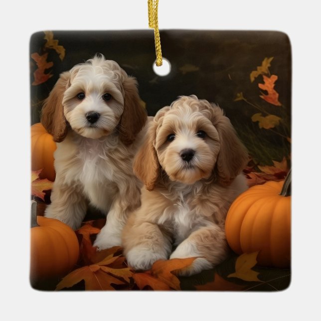 Cockapoo Puppy Autumn Delight Pumpkin Julgransprydnad Keramik (Framsida)