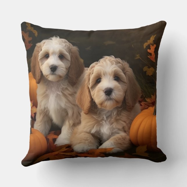 Cockapoo Puppy Autumn Delight Pumpkin Kudde (Baksida)