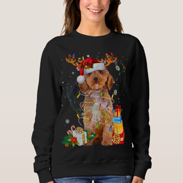 Cockapoo Reindeer jul Ljus Rolig hund Julafton T Shirt (Framsida)