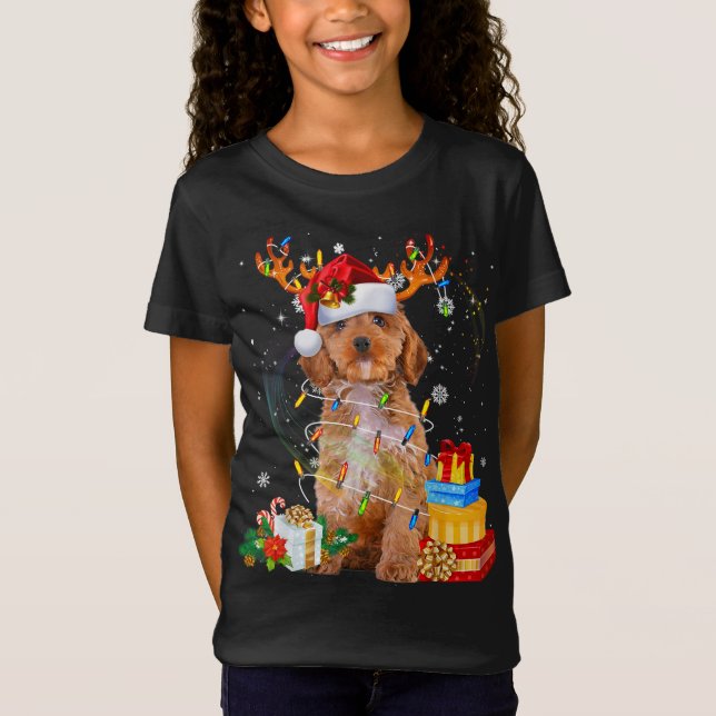 Cockapoo Reindeer jul Ljus Rolig hund Julafton T Shirt (Framsida)