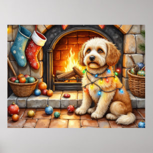 Cockapoo Sittandes Vid Öppen Spis Med Julbelysning Poster