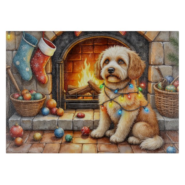 Cockapoo Sitting by Fireplace with Christmas Light (Framsidan)