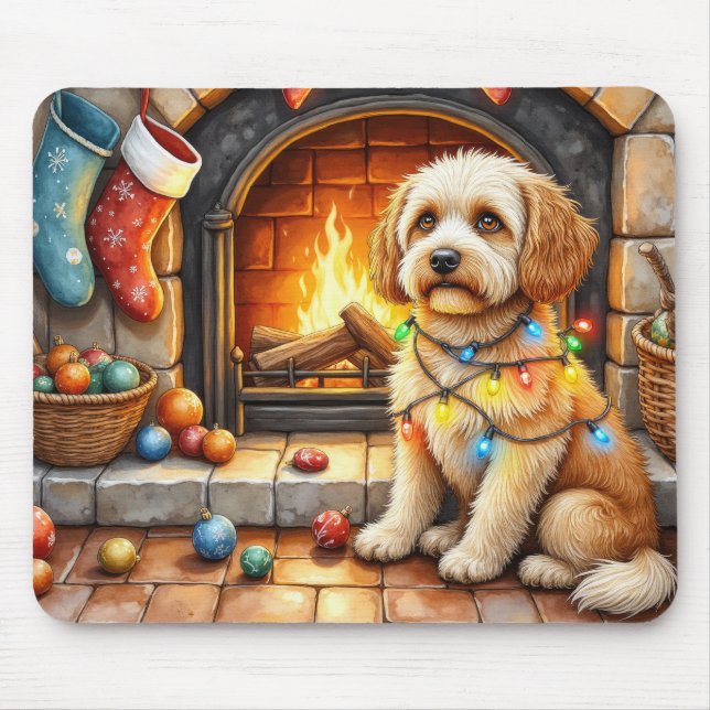 Cockapoo Sitting by Fireplace with Christmas Light Musmatta (Framsidan)