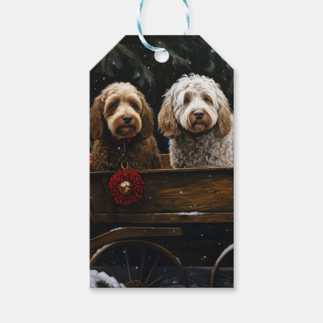 Cockapoo Snöig Släde Juldekoration Presentetikett (Framsidan)
