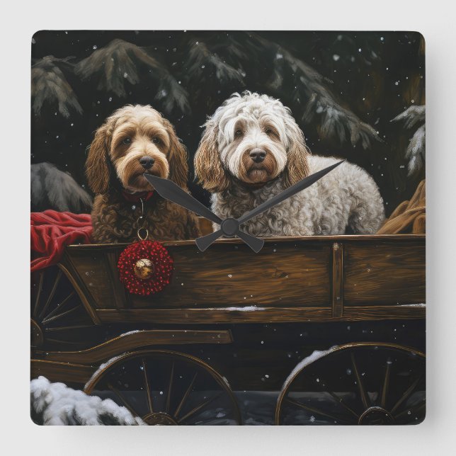 Cockapoo Snowy Sleigh-juldekretet Fyrkantig Klocka (Framsida)