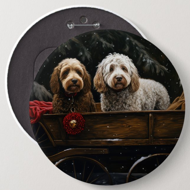 Cockapoo Snowy Sleigh-juldekretet Knapp (Framsida & baksida)