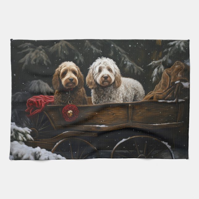 Cockapoo Snowy Sleigh-juldekretet Kökshandduk (Horisontell)