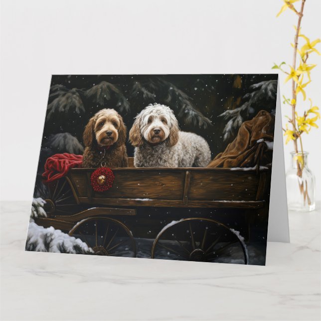 Cockapoo Snowy Sleigh-juldekretet Kort (Gul blomma)