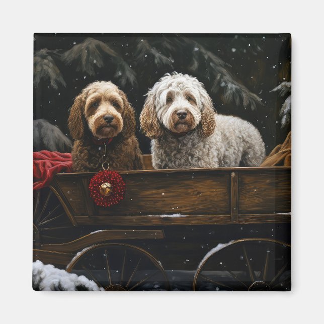 Cockapoo Snowy Sleigh-juldekretet Magnet (Framsidan)