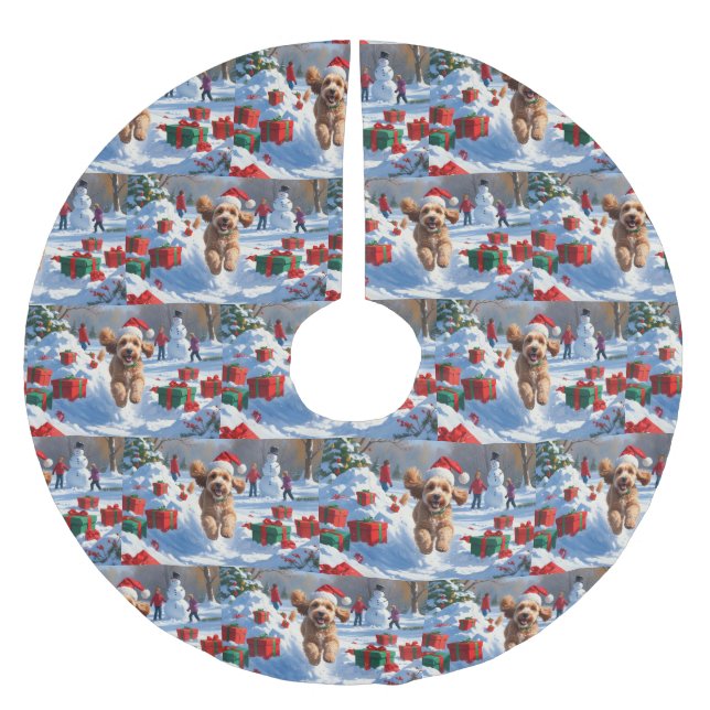 Cockapoo springar i snö med julhatt julgransmatta borstad polyester (Framsidan)