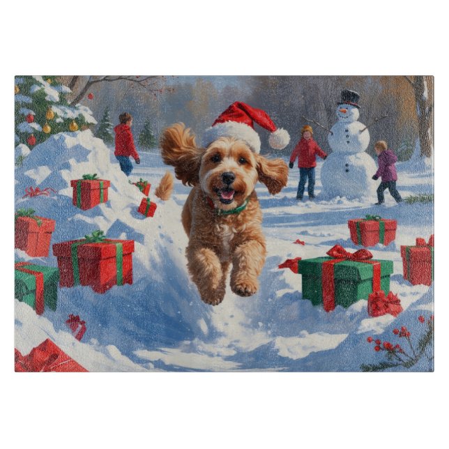 Cockapoo springer i snö med julhatt (Framsidan)