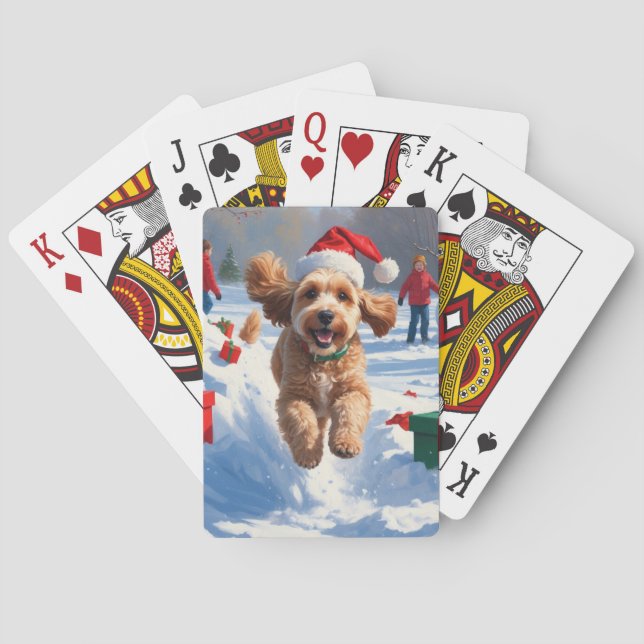 Cockapoo springer i snö med julhatt casinokort (Baksidan)