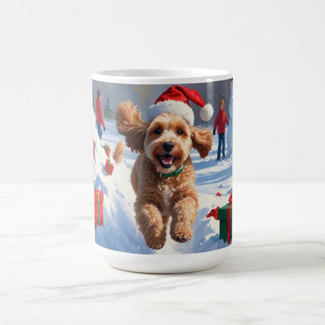 Cockapoo springer i snö med julhatt kaffemugg (Center)