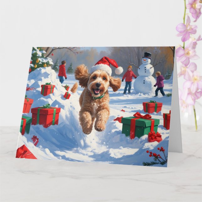 Cockapoo springer i snö med julhatt kort (Orkide)