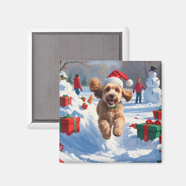 Cockapoo springer i snö med julhatt magnet (Front/Back)