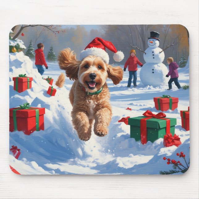 Cockapoo springer i snö med julhatt musmatta (Framsidan)