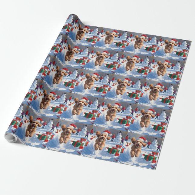 Cockapoo springer i snö med julhatt presentpapper (Utrullad)