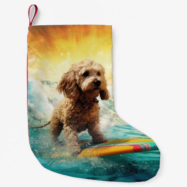 Cockapoo Strand Surfing Målning Liten Julstrumpa (Framsidan)