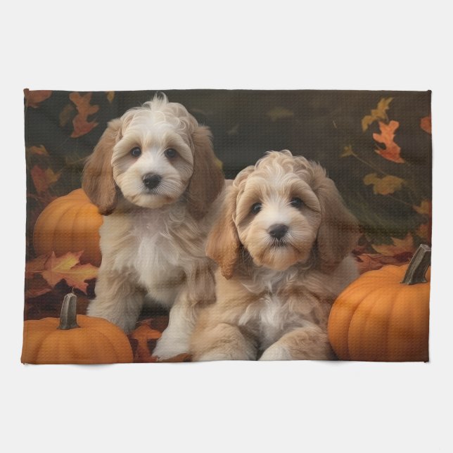 Cockapoo-valp Höstglädje Pumpa  Kökshandduk (Horisontell)