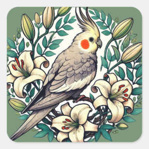 Cockatiel Bird Illustration Fyrkantigt Klistermärke