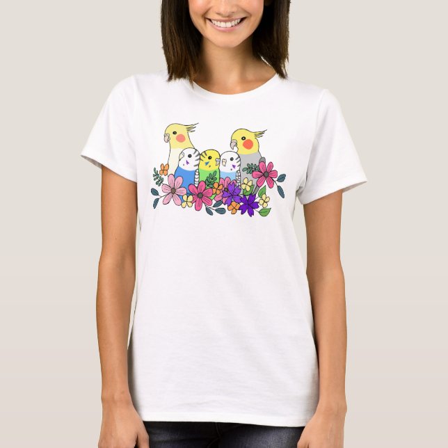 Cockatiel Budgie Parakeet med blommfågel T Shirt (Framsida)