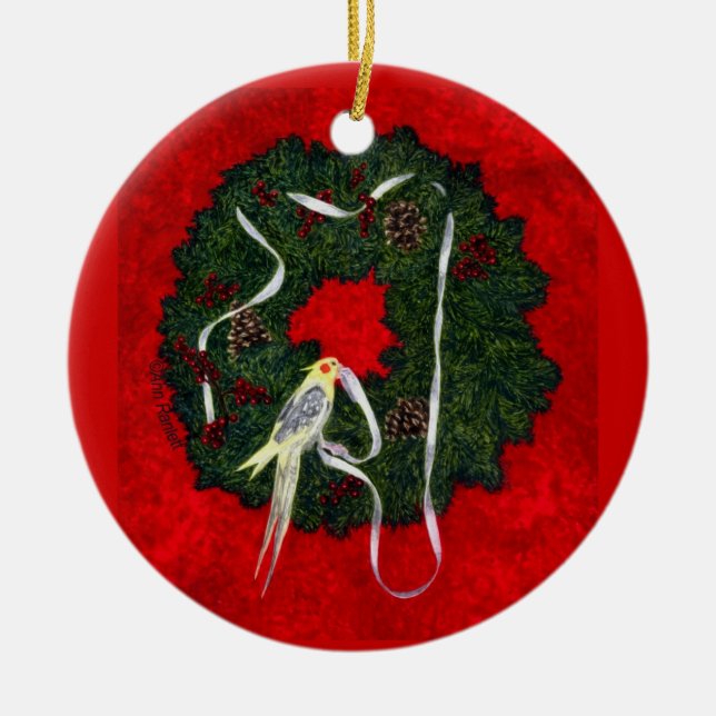 Cockatiel fågelprydnad - "Santas lite hjälpreda ", Julgransprydnad Keramik (Framsidan)