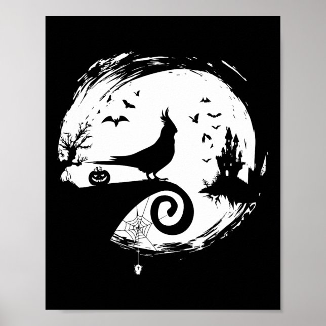 Cockatiel Halloween Costume Måne Silhouette Creepy Poster (Framsidan)