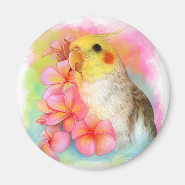 Cockatiel med frangipani magnet (Framsidan)
