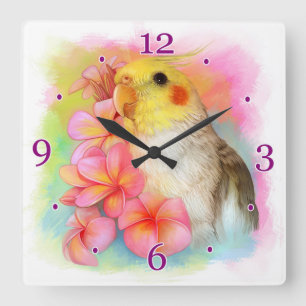 Cockatiel med frangipanien fyrkantig klocka