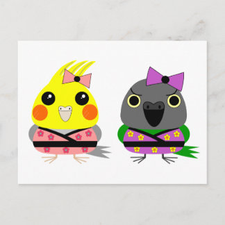 Cockatiel och Senegal Parrot i Kimonos Vykort