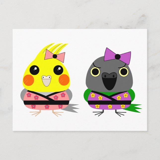 Cockatiel och Senegal Parrot i Kimonos Vykort (Framsida)