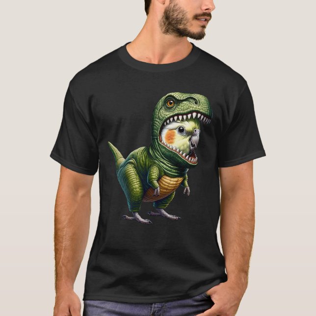 Cockatiel Parrot Wearing Dinosaur Outfit Funny T Shirt (Framsida)